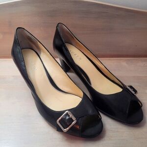 Ralph Lauren Women's Leather Peep Toe Heeled Pumps Size 8 Black Silver Preppy